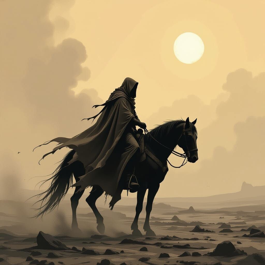 Lone Rider in Ruined City, Spectral Horse, Desolate Sky