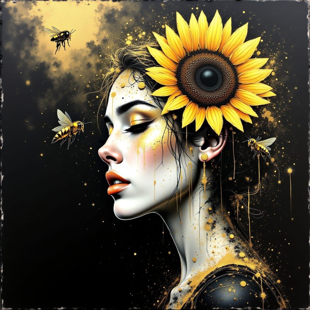 Woman with Sunflower and Bee in Polygonal Tattoo Art