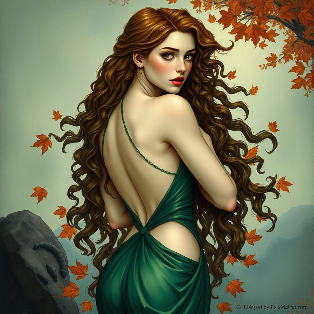 Enchanted Nordic Goddess in Emerald Gown