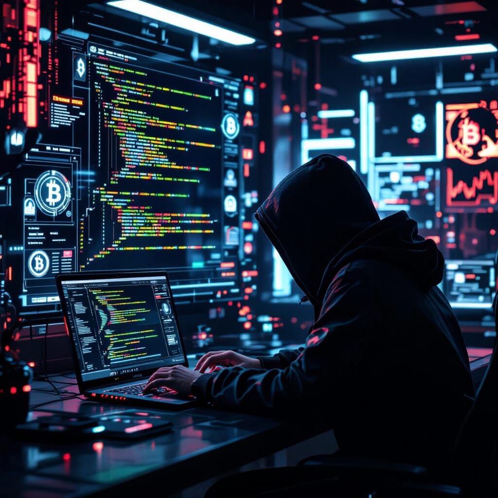 Cyberpunk Hacker Browses Secret Job Portal on Glowing Laptop