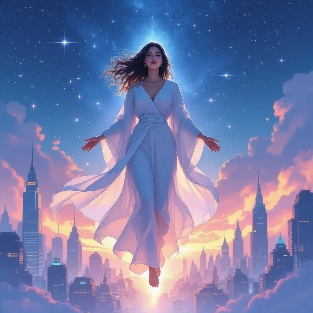 Ethereal Goddess Above Futuristic City in Watercolor Style