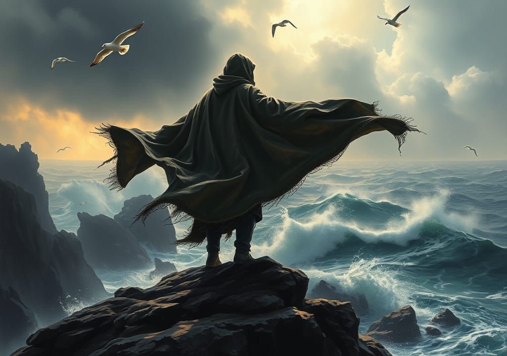 Figure on Windswept Cliffs in Romantic Style