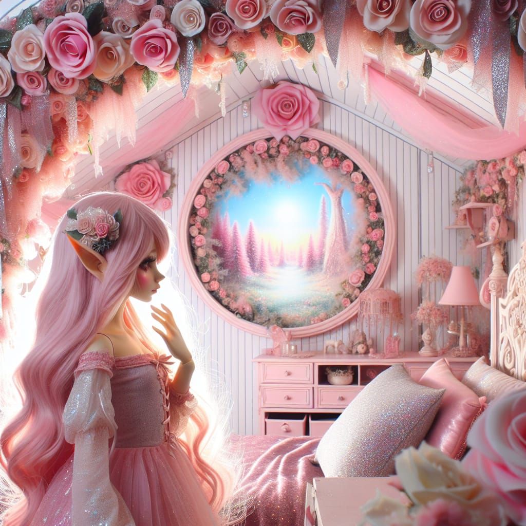 Romantic Elf in Pink Bedroom with Fairytale View