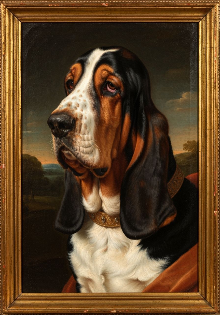 Renaissance Basset Hound Portrait in Gilded Frame
