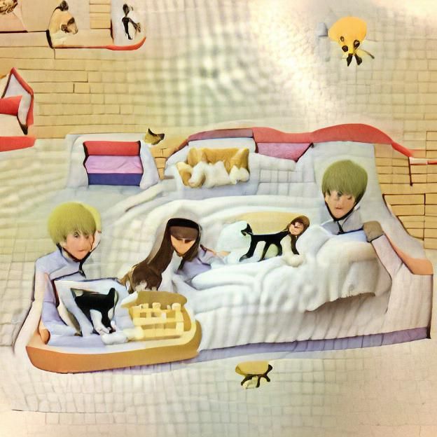 Cozy Scene: Couple with Cat and Dog on Bed