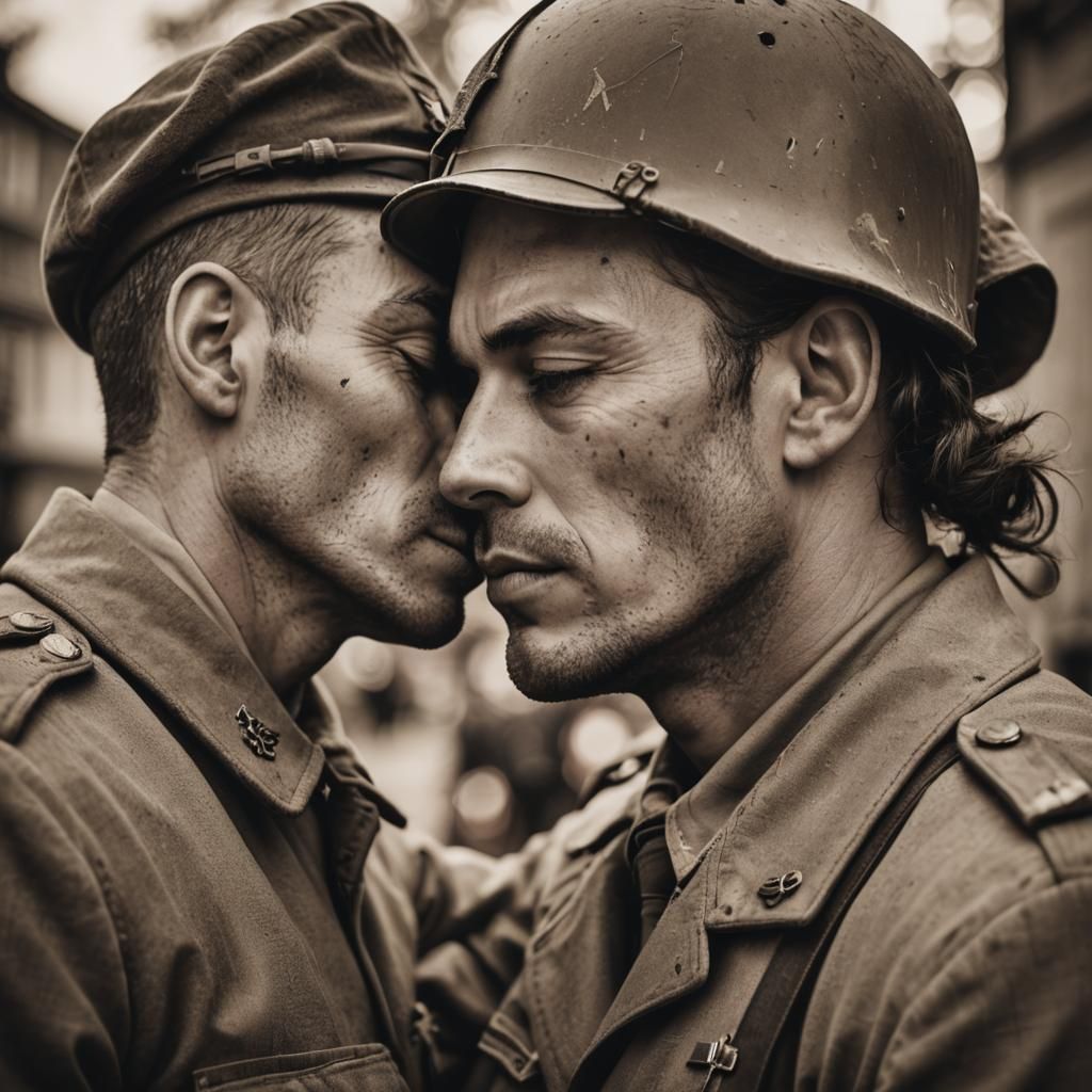 Soldier's Farewell Kiss in Sepia Tone