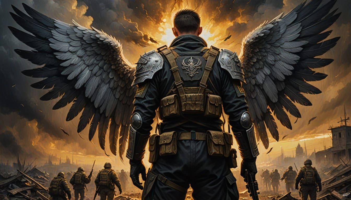 Angel Holding Wounded Soldier in Dark Fantasy Oil Painting