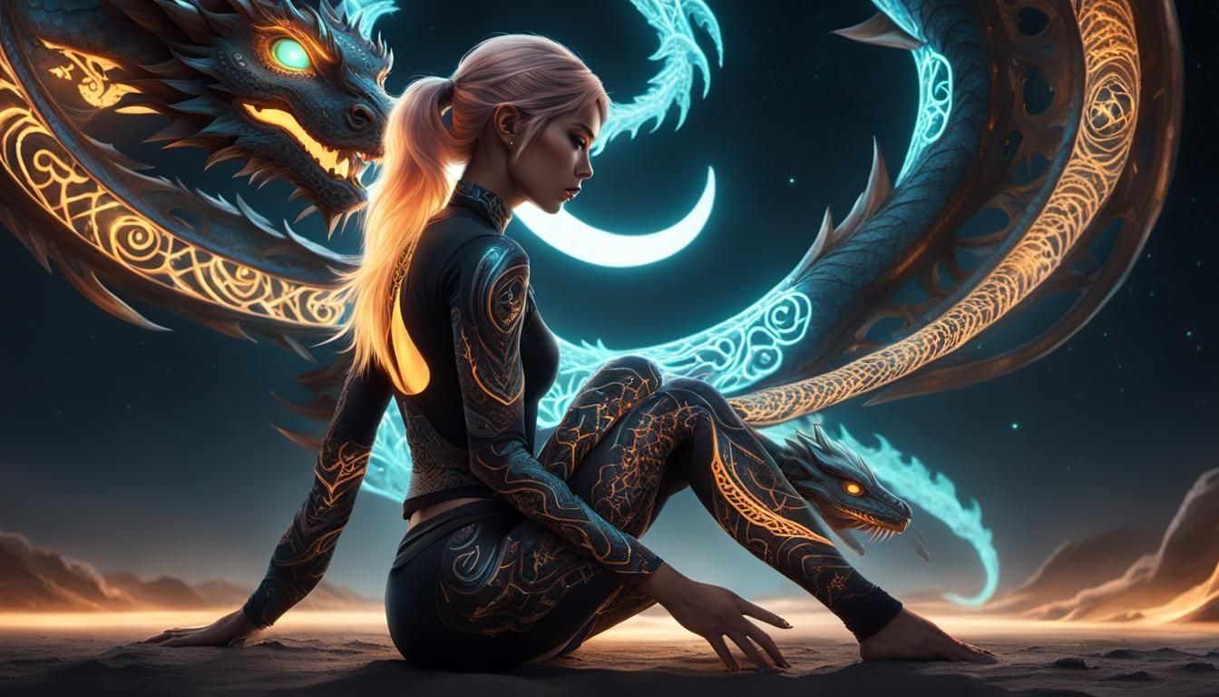 Hyperrealistic Portrait of a Girl with Dragon Tattoos