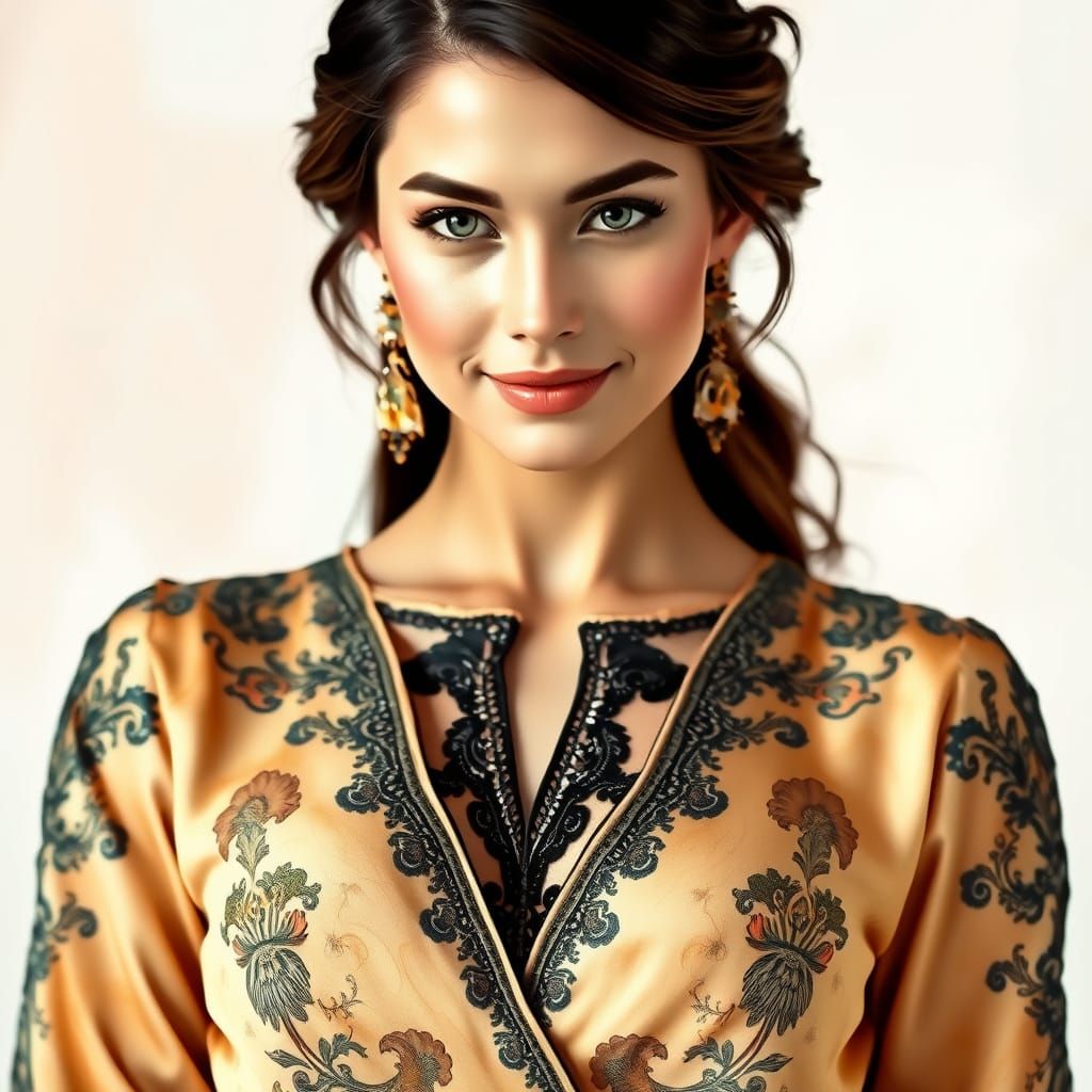 Elegant Woman in Art Nouveau-Inspired V-Neck Blouse