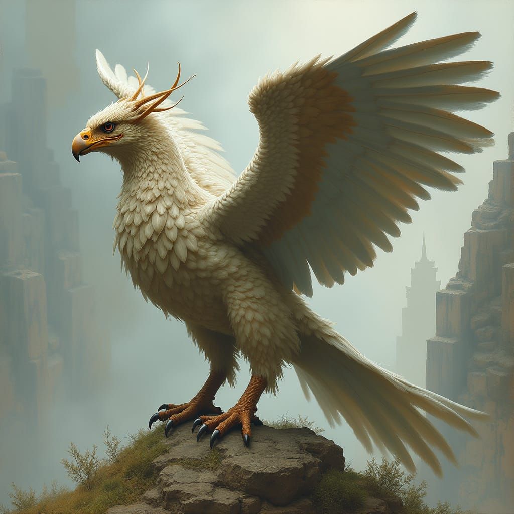 Griffin Perched Atop Ancient Ruins