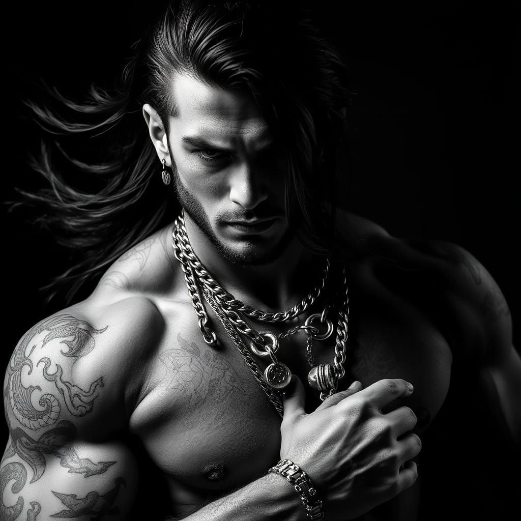Muscular Man with Tattoos and Silver Accessories
