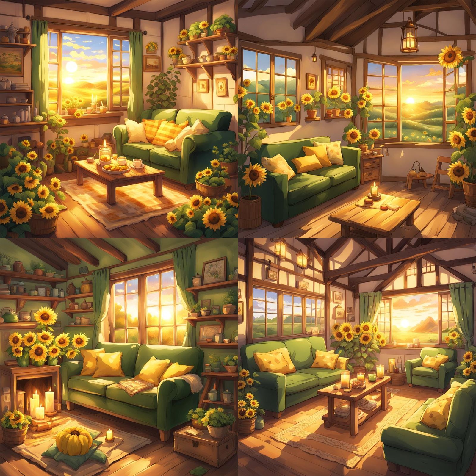 Cozy Cottage Living Room with Sunflowers in Anime Style