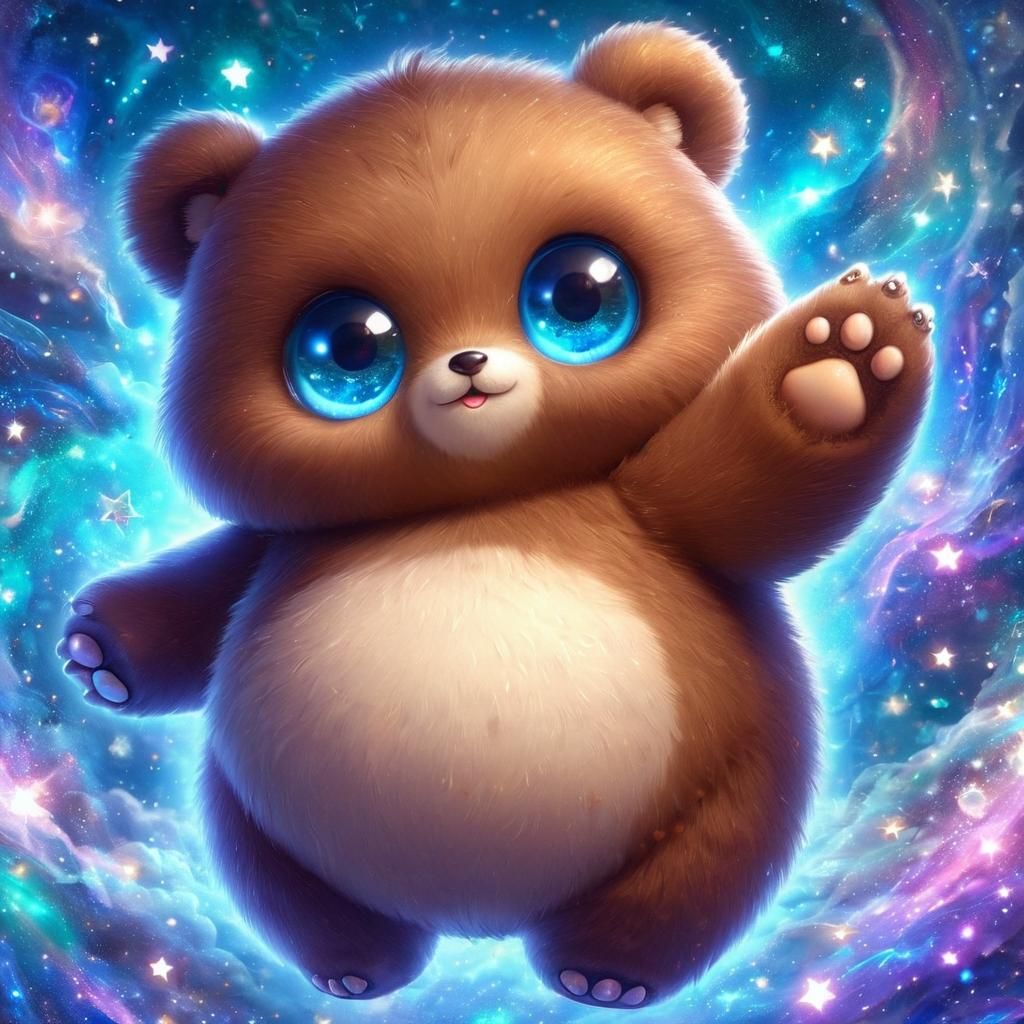 Oriental Chibi Bear Flying in Galaxy Sky