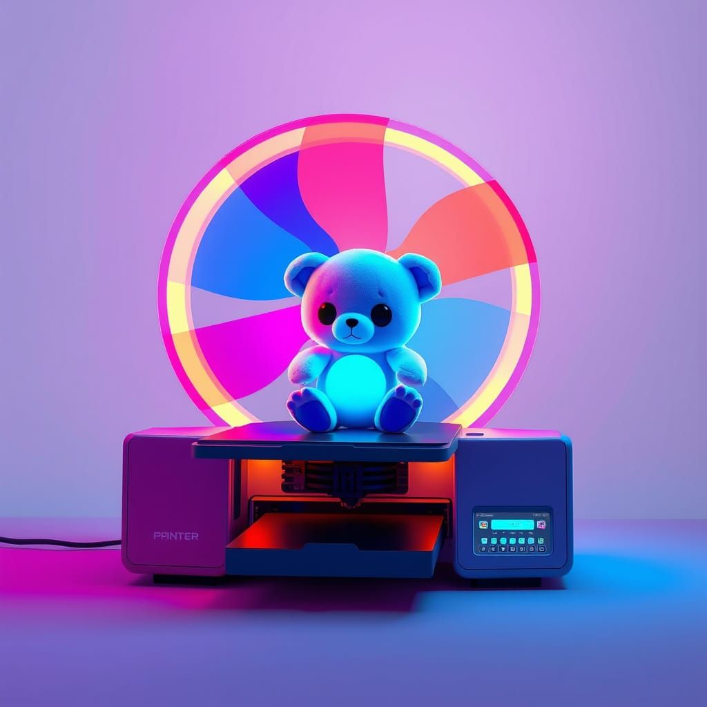Futuristic Printer-Fan Hybrid with Toy, in Pop Art Style