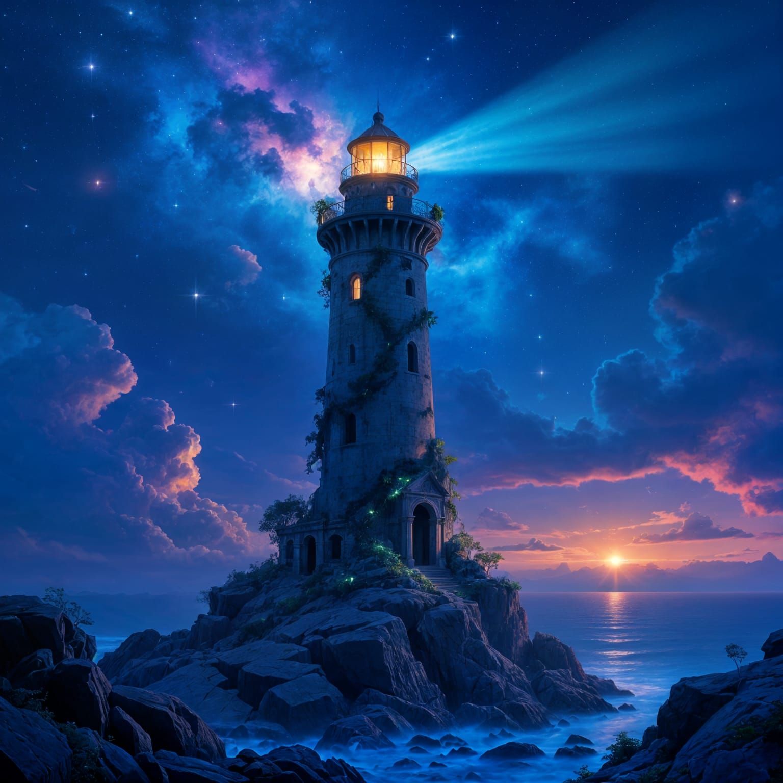 Ancient Lighthouse Beam Cuts Through Nebula Sky