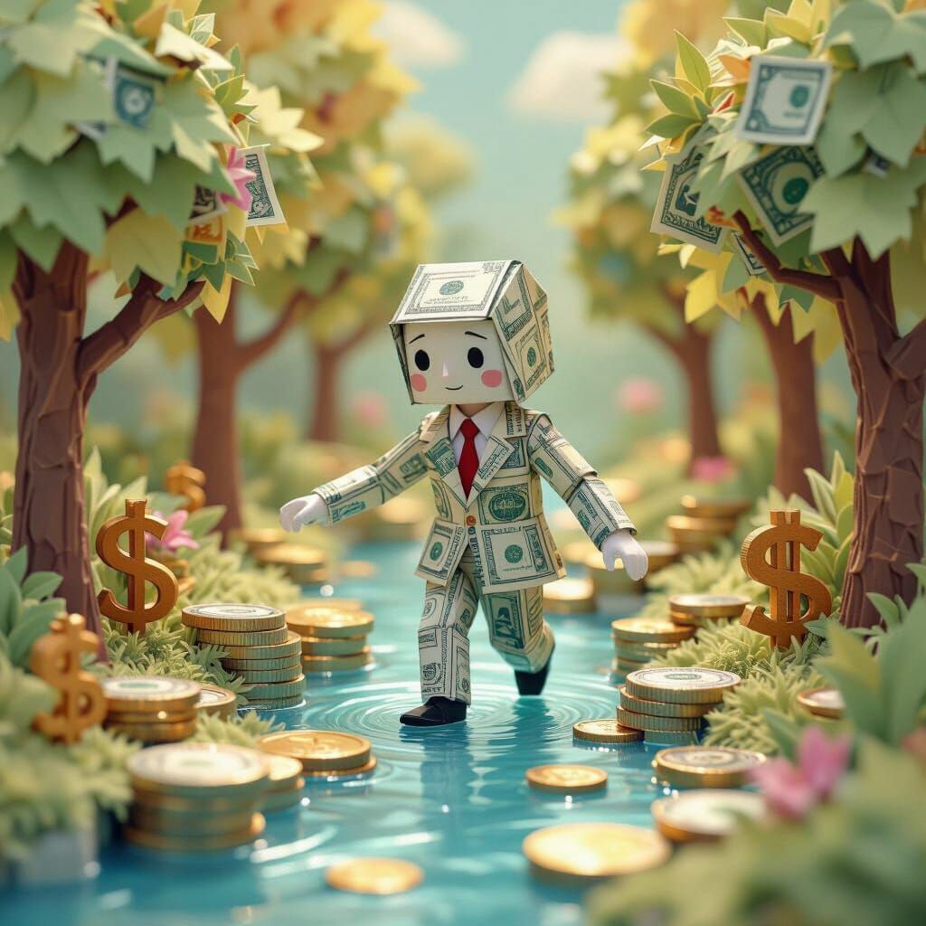 Origami Man on Coin Landscape in 3D Anime Style
