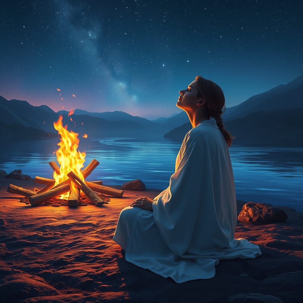 Serene Woman Meditating by Campfire Under Starry Sky