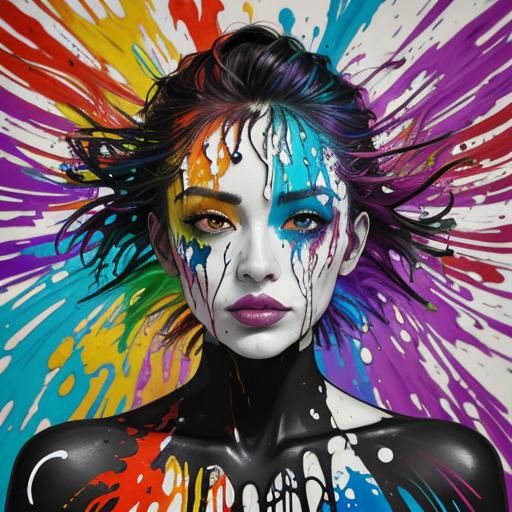 Rainbow Woman: Dynamic Abstract Expressionist Splatter