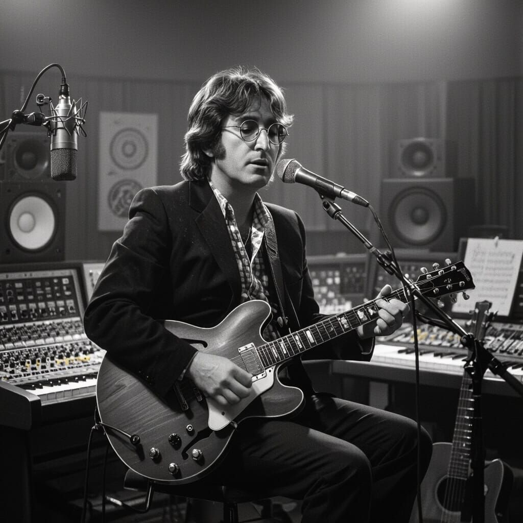 John Lennon Performing in Studio, Vintage B&W Photo