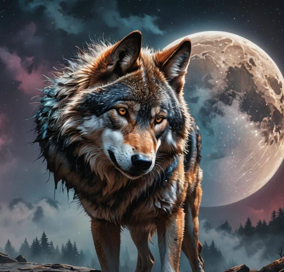 Hyperrealistic Wolf Stares at Moon in Colorful Splash Art