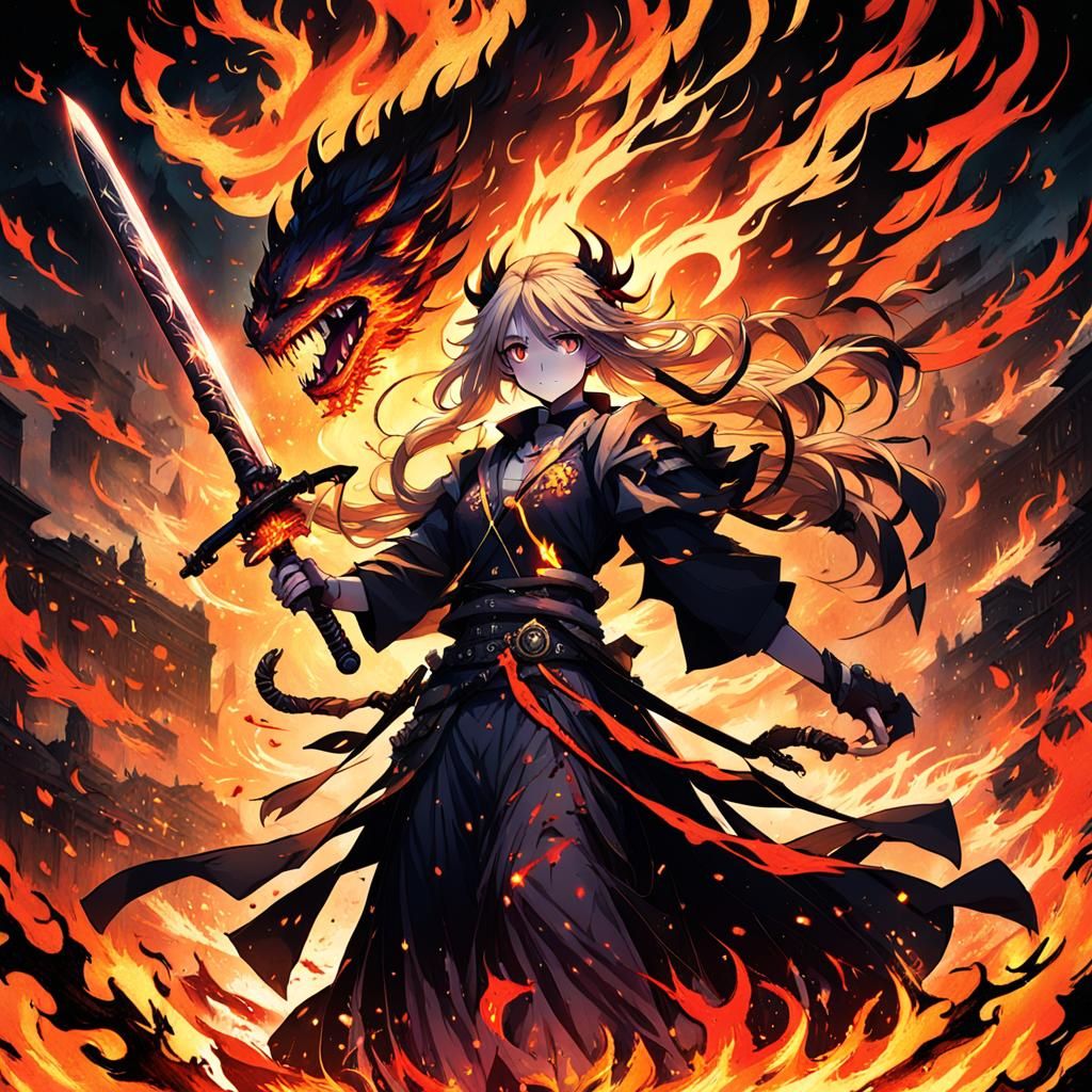Anime Girl in Inferno with Sword and Monster Head