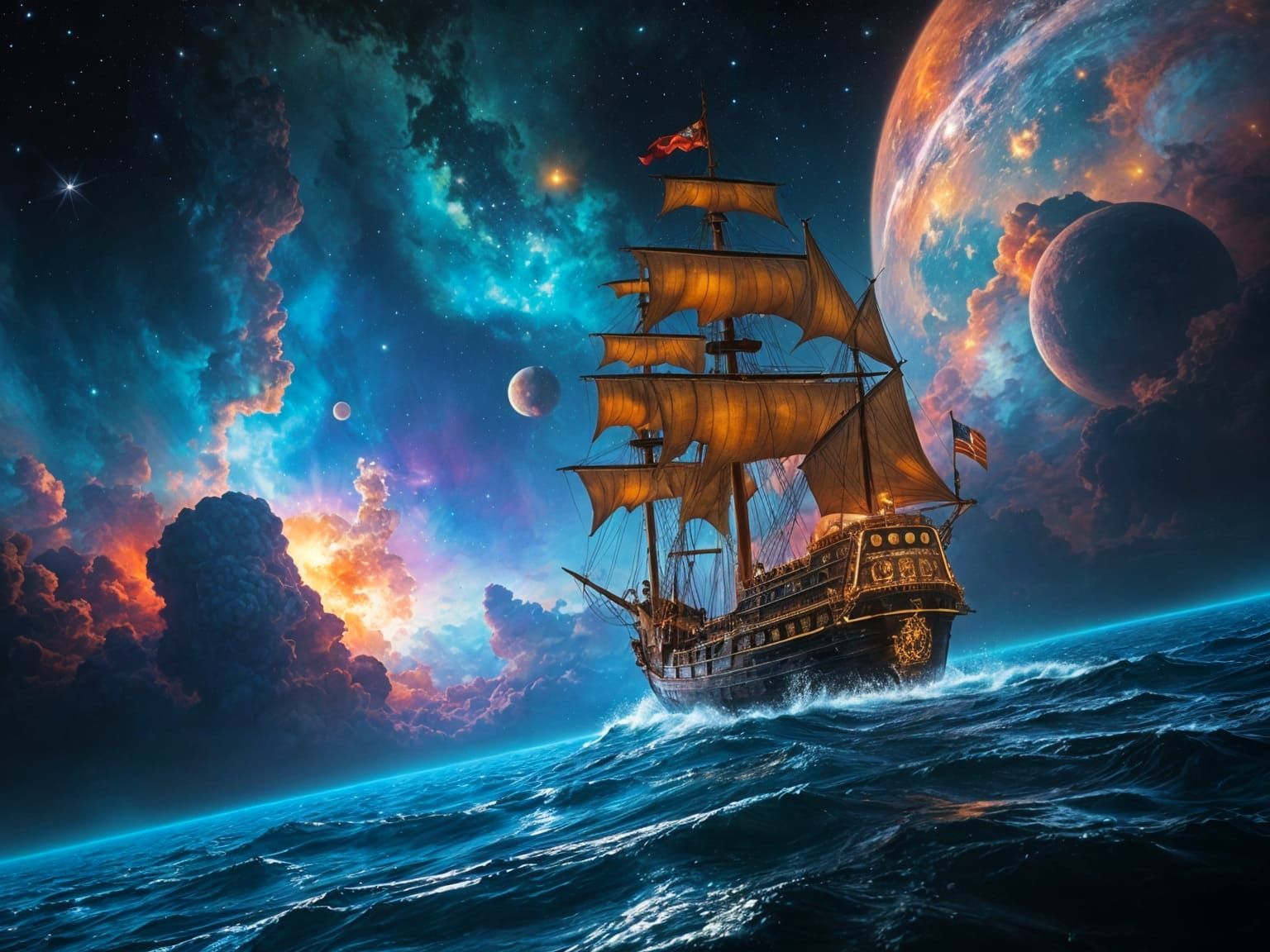 Galleon Sailing Through Nebula: Detailed Matte Painting