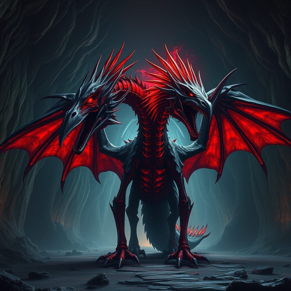 Dual-Headed Crimson Dragon in Dark Fantasy Cavern
