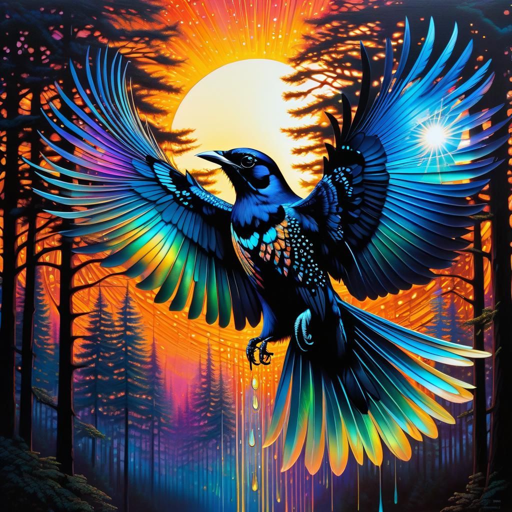 Iridescent Magpies Flying to Trees at Sunset