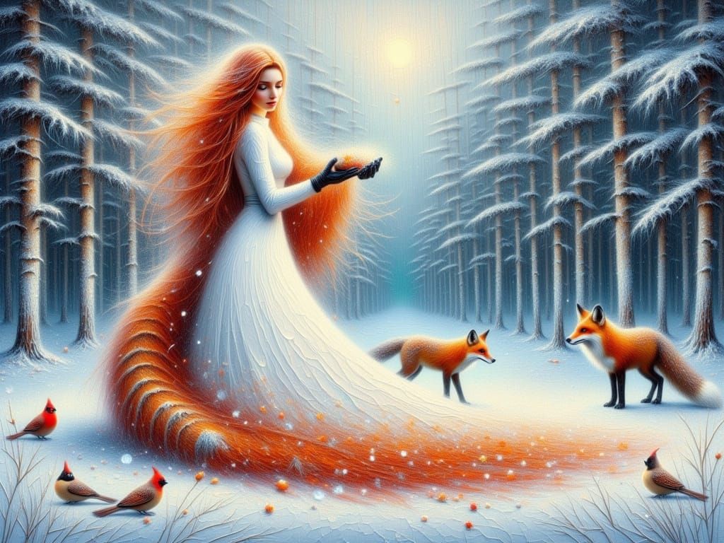 Ethereal Fantasy Woman in Winter Forest Scene