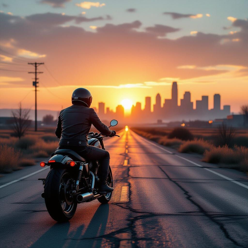 Motorcycle Rider on Desolate Highway in Hyperrealistic Style