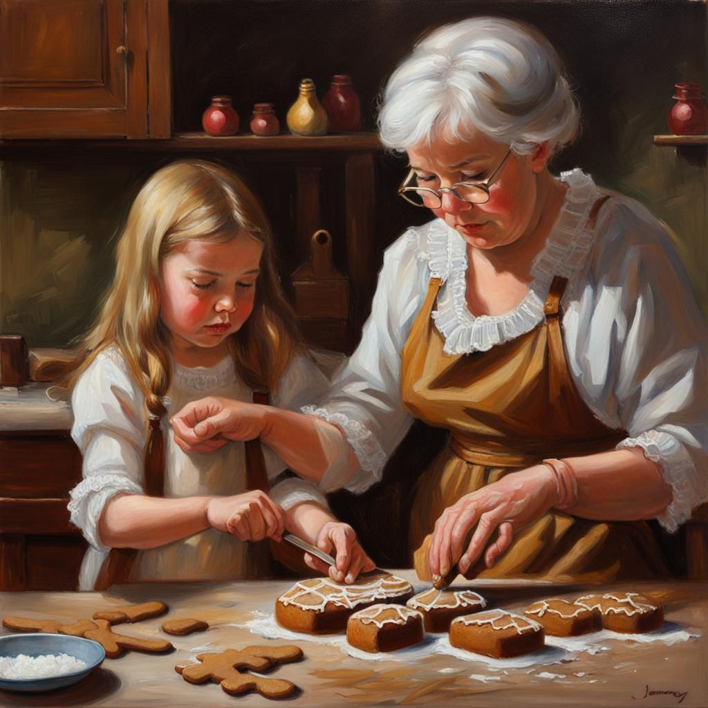 Gingerbread Baking: Oil Painting of Family Tradition