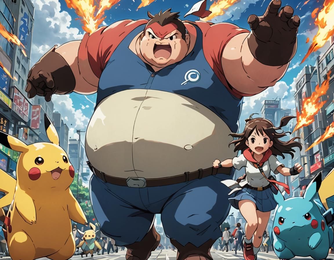 Chubby man in pokemon battle with young girl