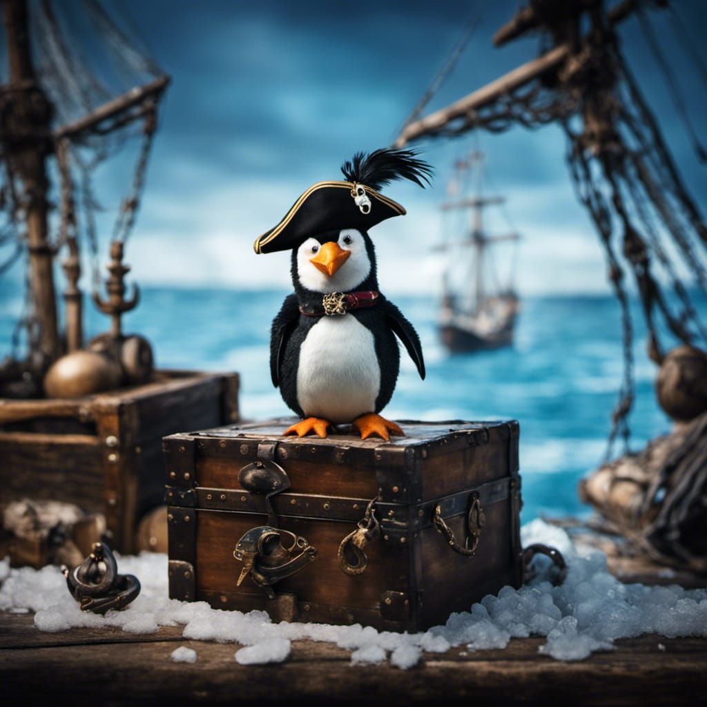 Portrait of a wacky fluffy puffed up feathers pirate Penguin wearing {an black-pirate-eye-patch, a pirate hat, a a tatt...