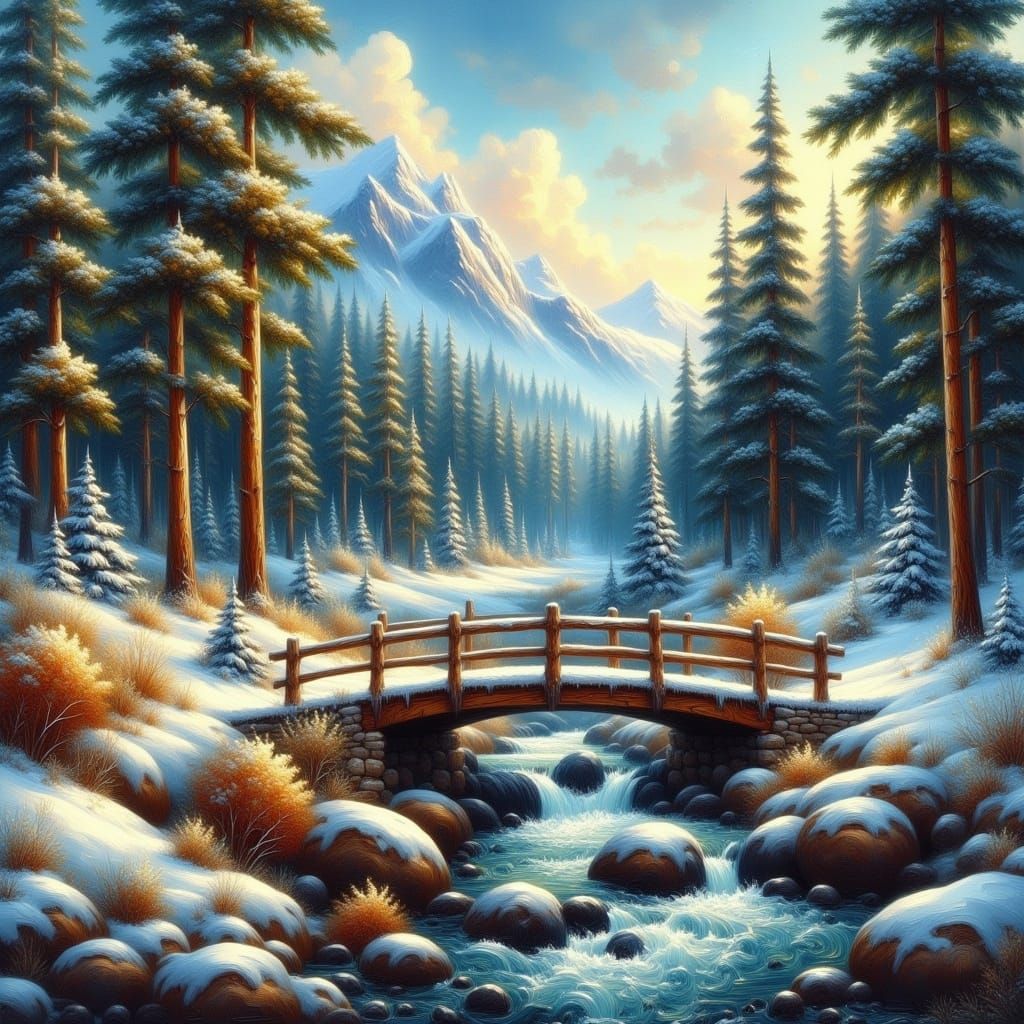 Winter Forest Mountain Scene with Rustic Bridge