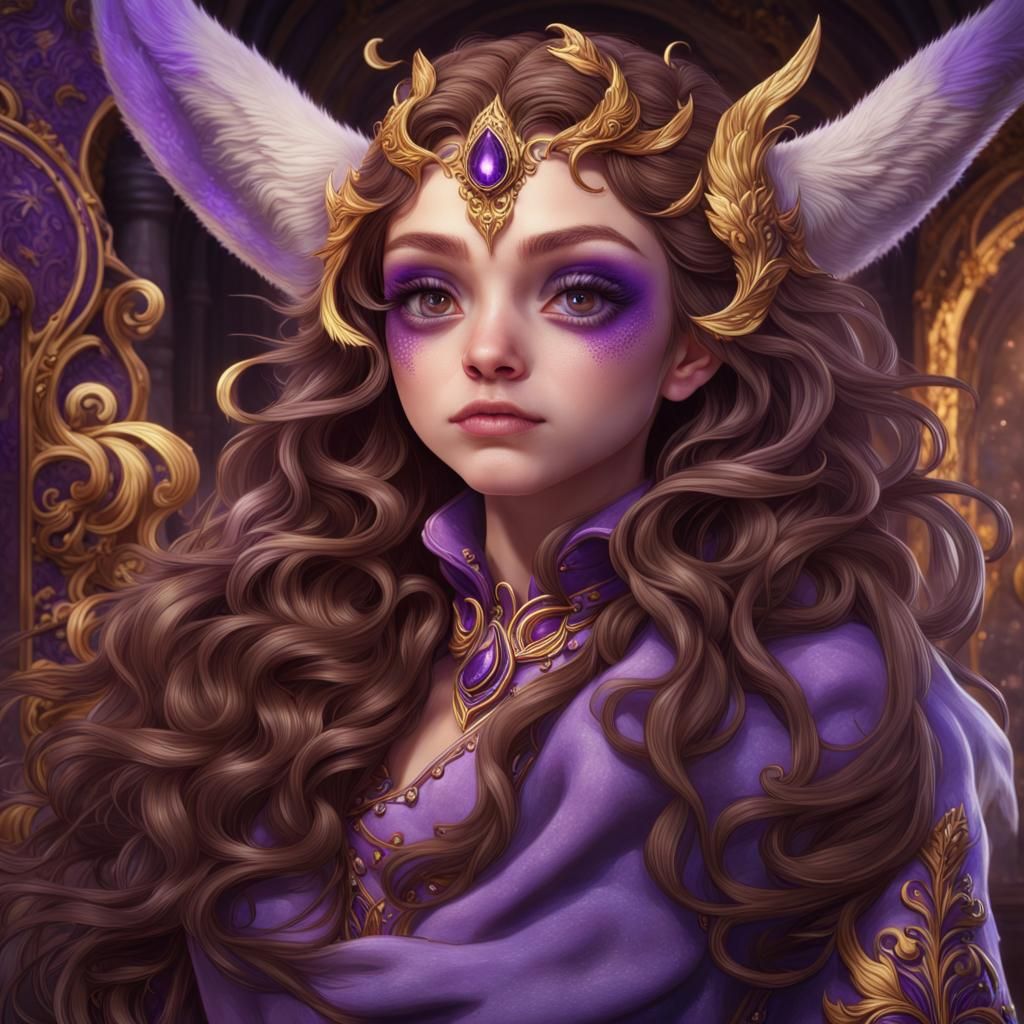 Girl with long brown curly hair purple wolf eyes and loves purple and gold