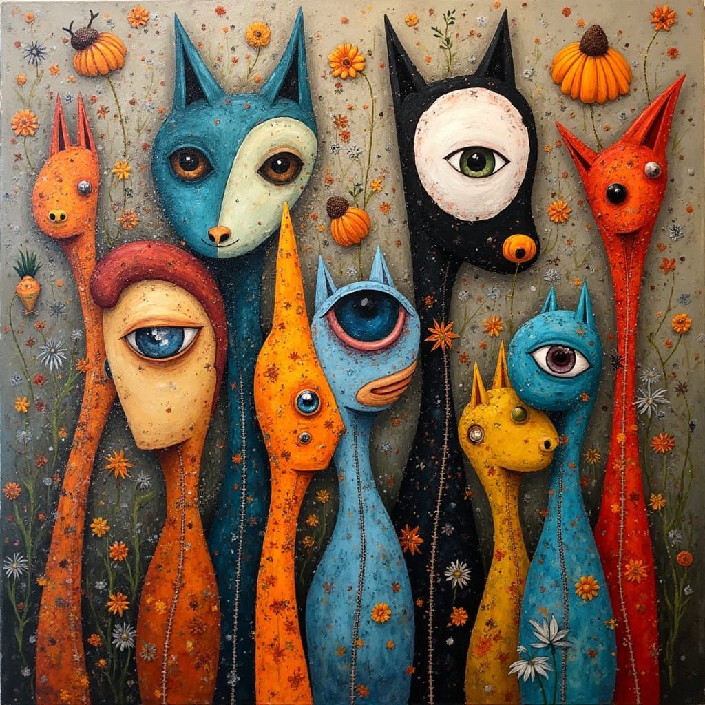 Vibrant Impasto Animals in Whimsical Landscape