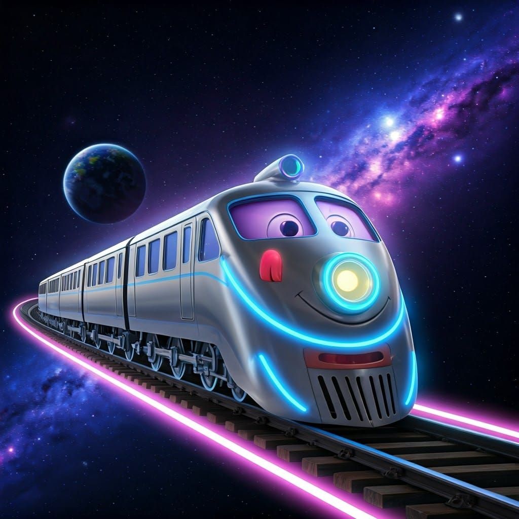 Futuristic Train Speeds Across Iridescent Cosmos