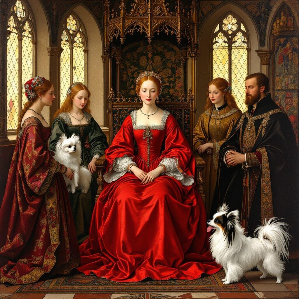 Regal Woman in Red Amidst Medieval Court Scene