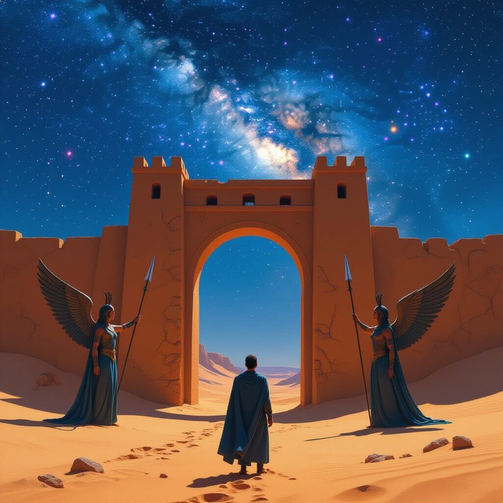Mystical Desert Gate Guarded by Winged Centaurs