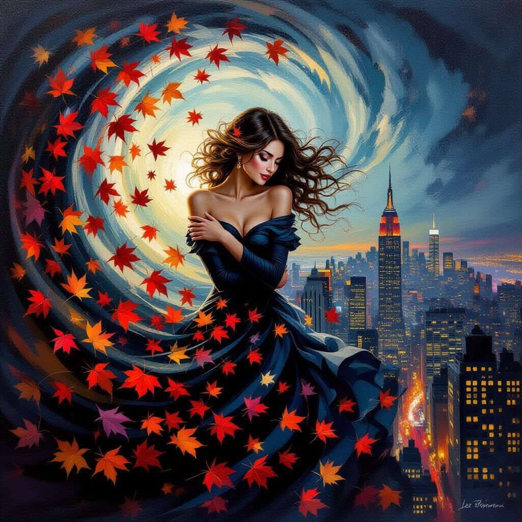 Enigmatic Woman in Autumn Whirlwind Over Cityscape