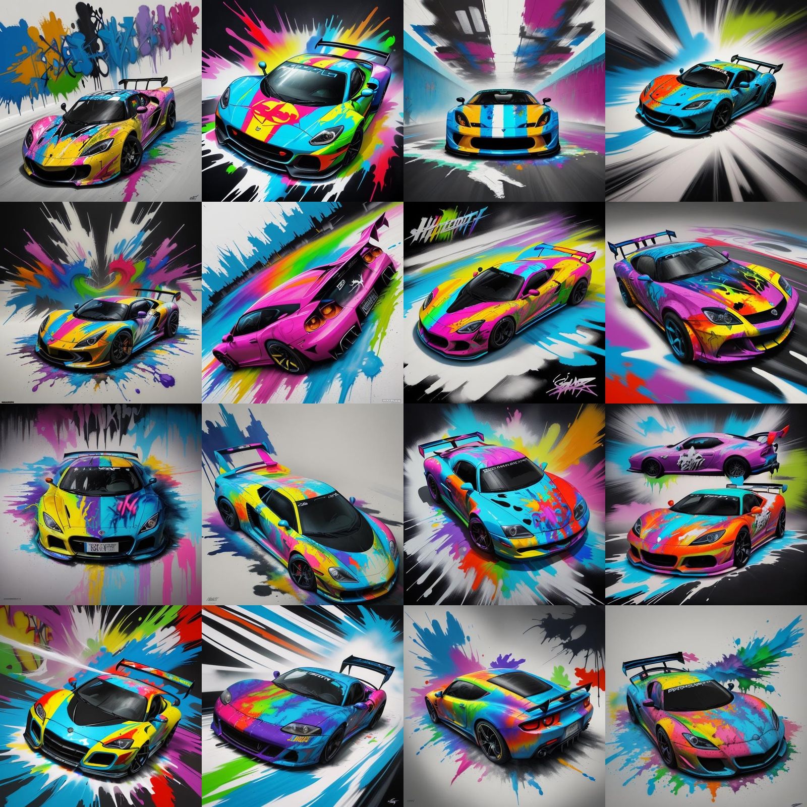 Airborne Sports Car in Graffiti Splash Art Style