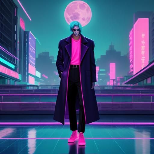 Synthwave Neon: Lone Figure in Poetic Plaza