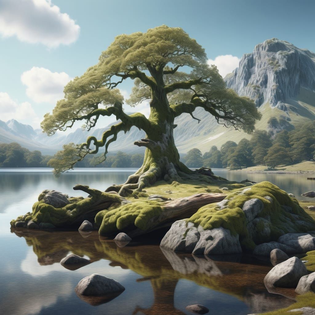 Serene Oak Landscape in Soft Watercolor