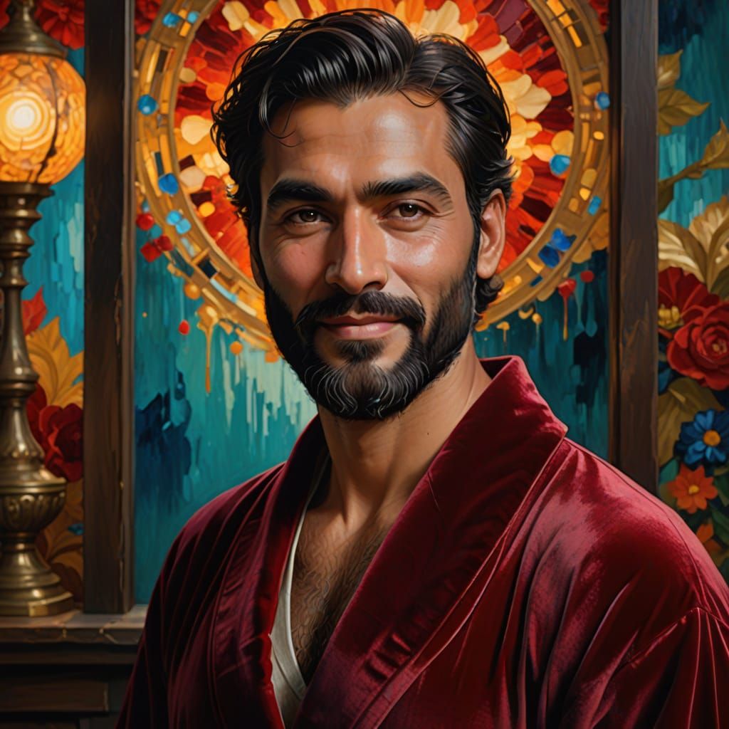 Bearded Man in Red Velvet Robe, Impasto Oil Painting