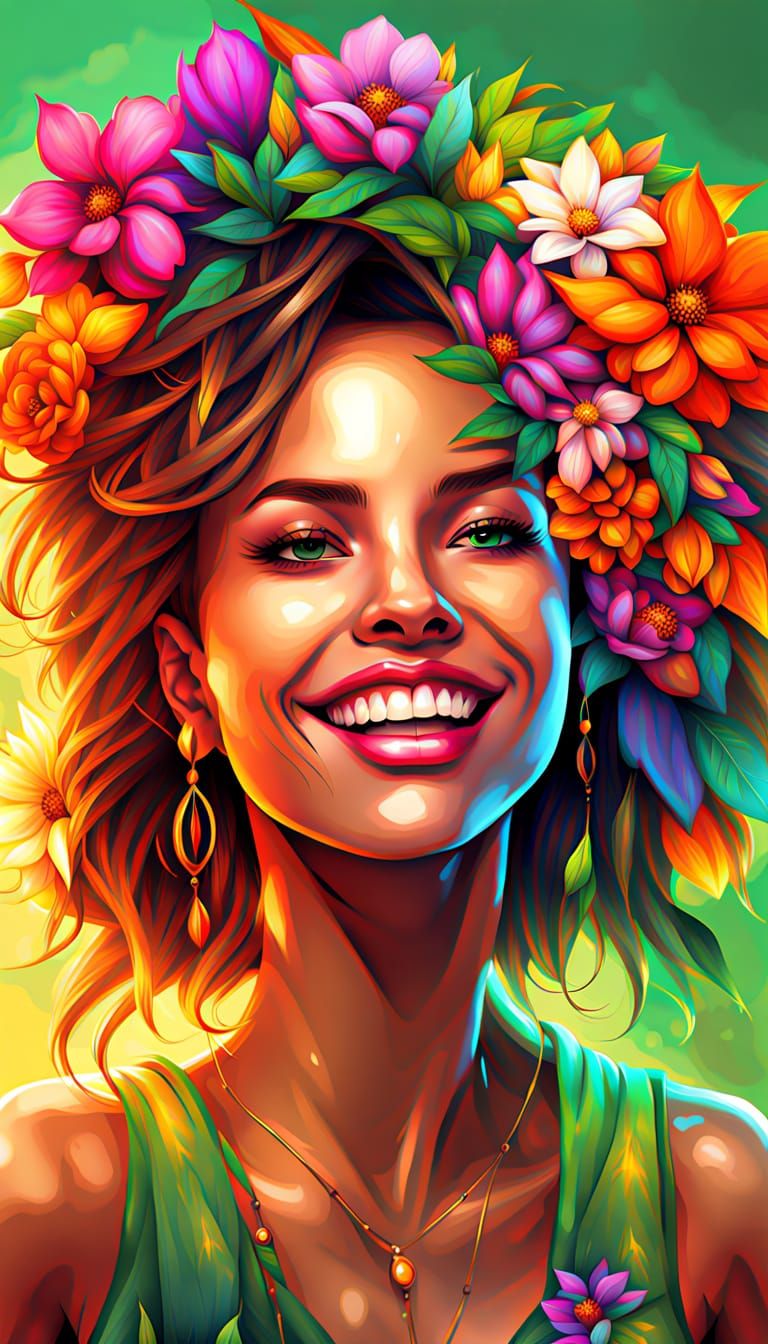 Joyful Woman in a Blooming Garden: Vibrant Digital Art