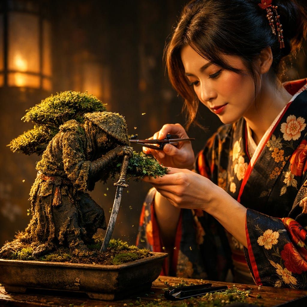 Woman Crafts Bonsai Into Ronin Shape with Volumetric Light