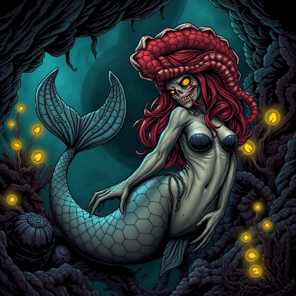 Gruesome Mermaid in Underwater Cavern, Comic Art