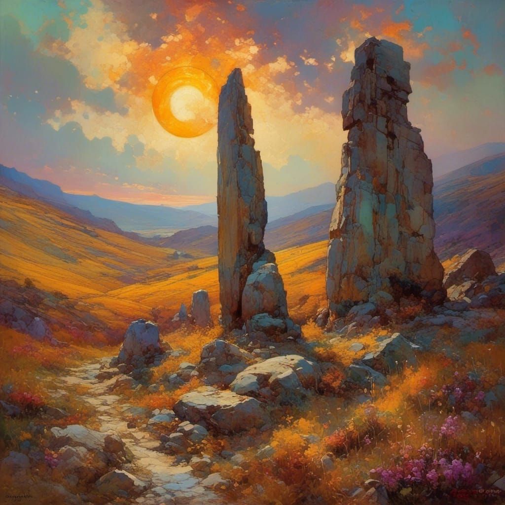 Ancient Standing Stones Under Fiery Eclipse