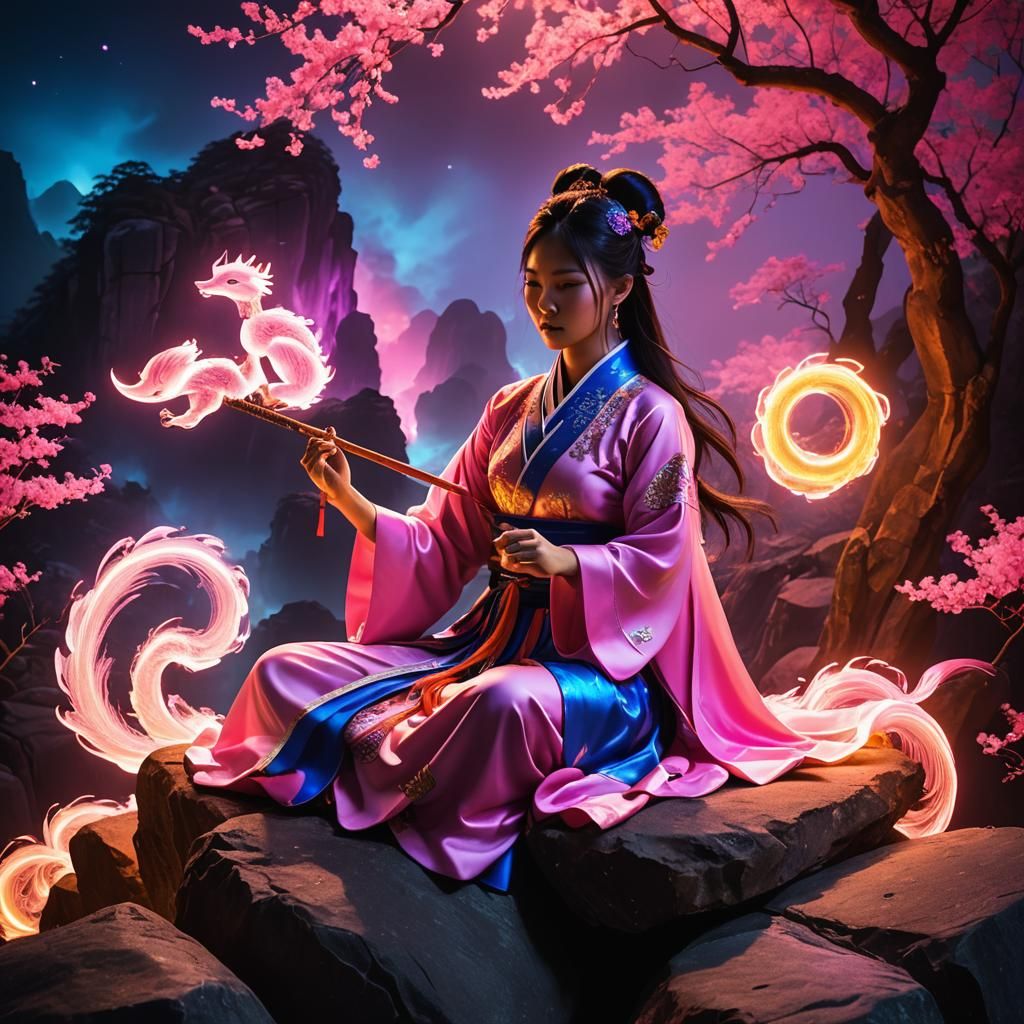 Chinese Girl Playing Guzheng with Neon Aura