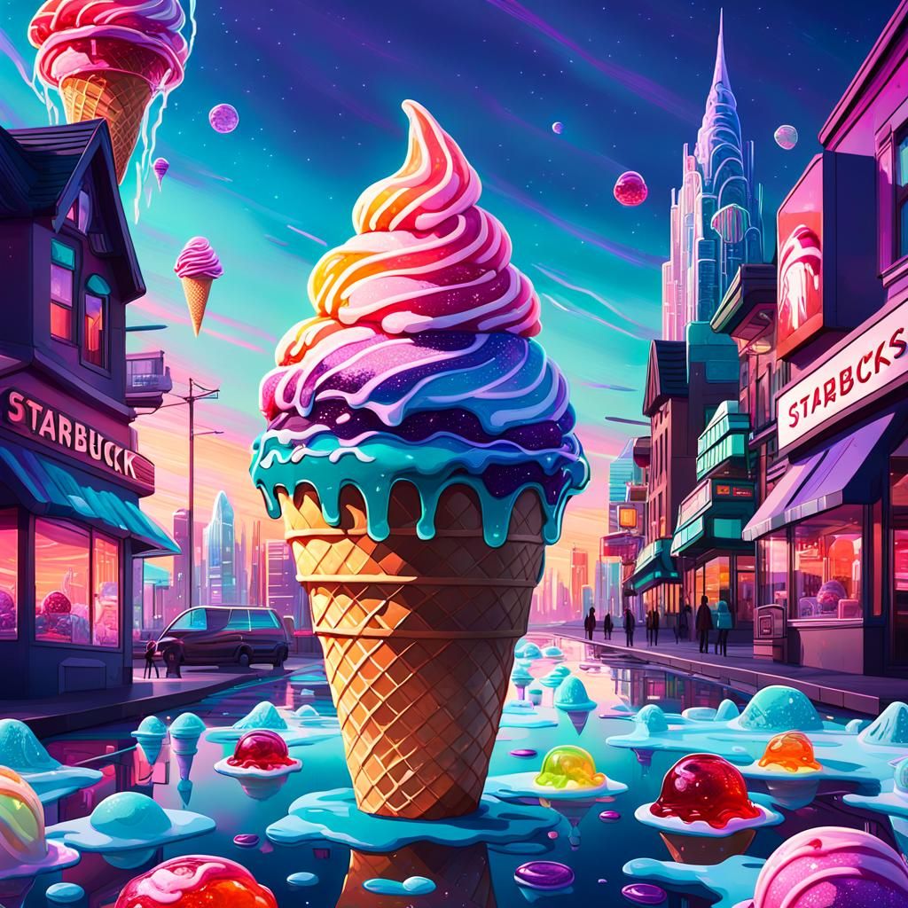 Fantasy Ice Cream and Starbucks in Cyberpunk Cityscape